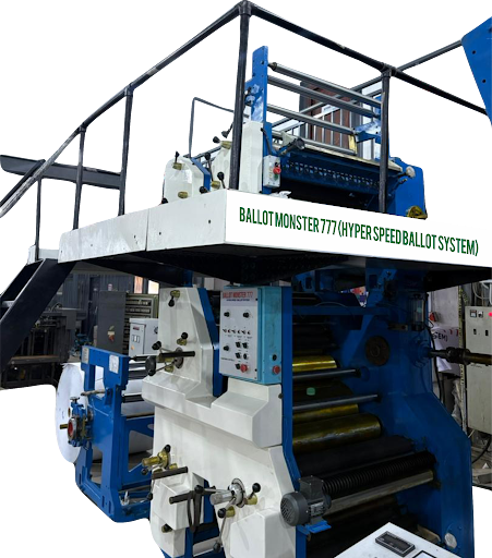Ballot Monster 777 hyper-speed ballot printing press, front view