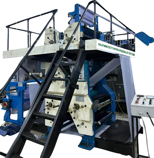 Operator-side console and press tower of the Ballot Monster 777